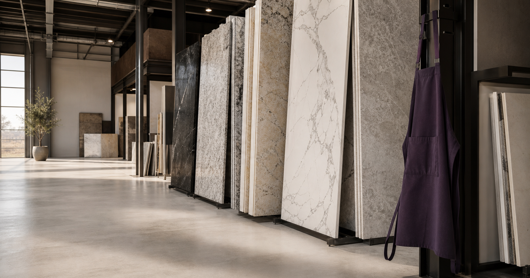 Showroom de superficies premium con planchas de piedra