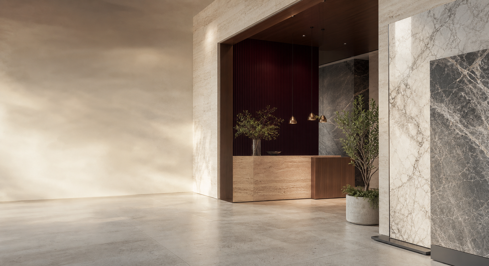 Recepción de un showroom de superficies premium
